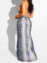 Ensemble haut court et robe longue en bandage à licou en peau de serpent pour femme